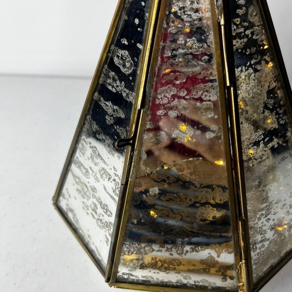 Mercury Glass Octagon Brass Lantern with LED Lights Strings 3 AAA Batteries Open - Picture 13 of 14